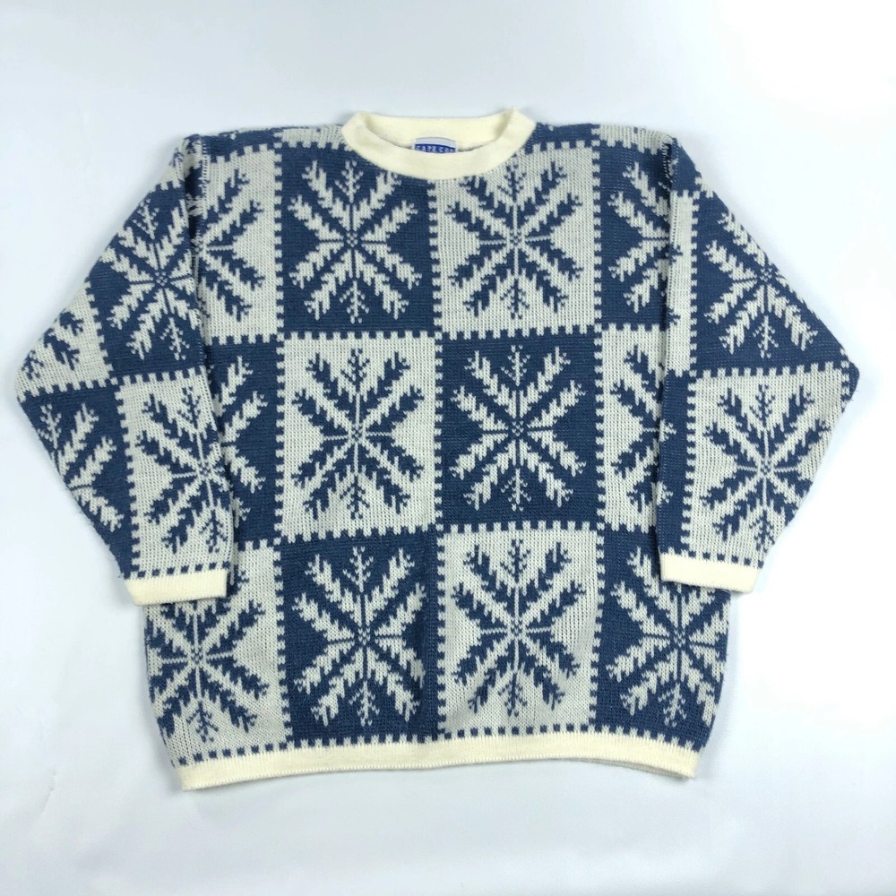 Vintage Cape Cod Sportswear Women's Large Blue Cream Snowflake Knit Sweater USA